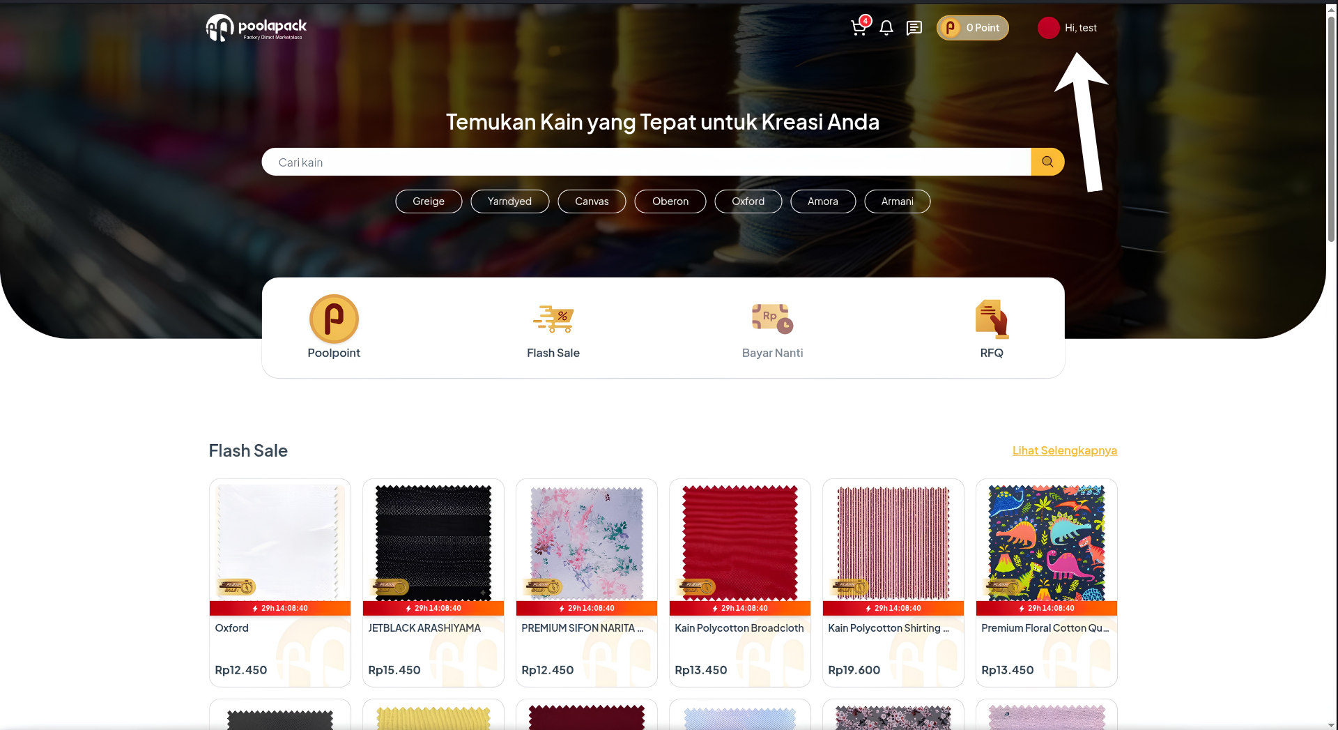 Petunjuk klik ikon profil di kanan atas header navbar website desktop Poolapack