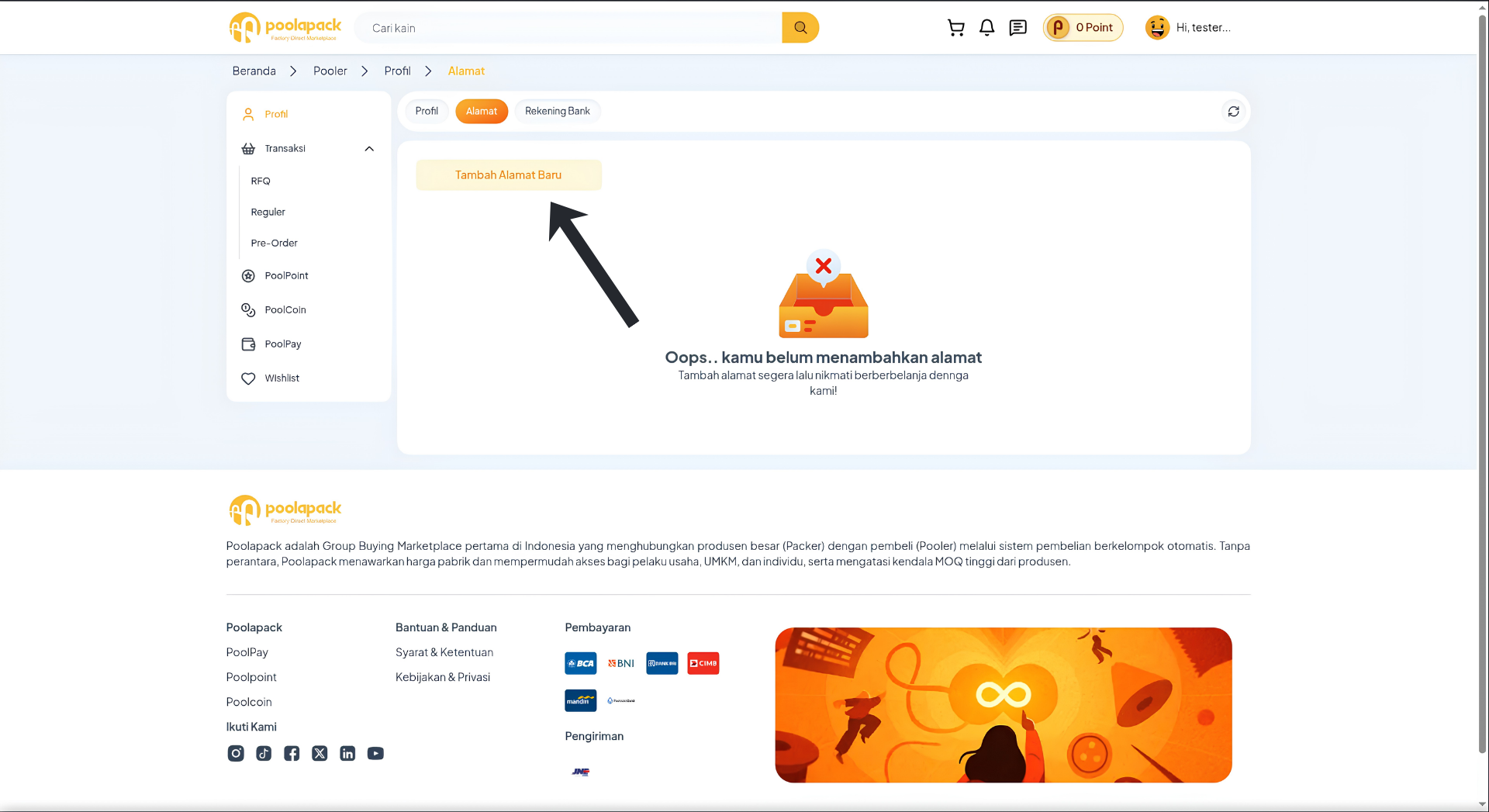 Halaman profil tab alamat dengan tombol Tambah Alamat Baru di website desktop Poolapack