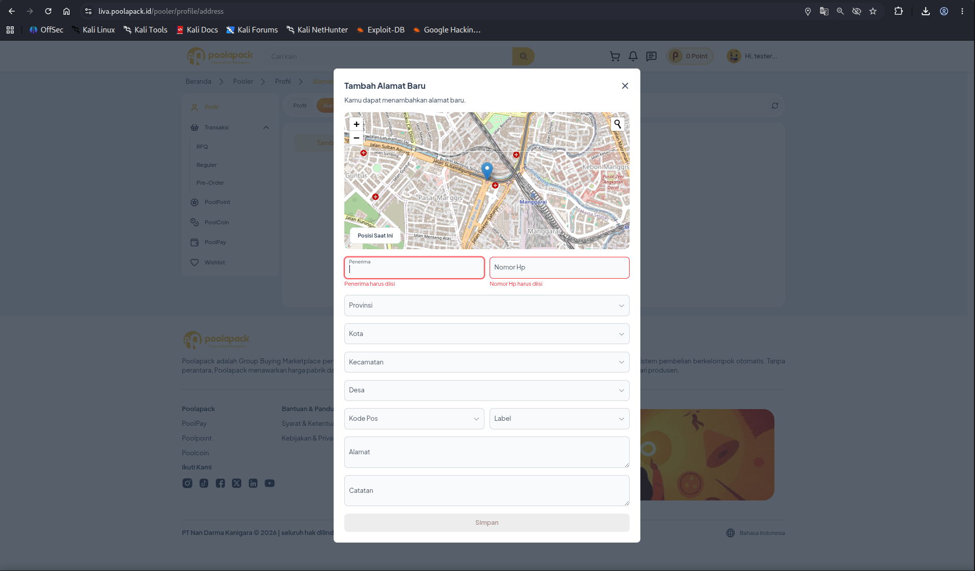 Modal popup formulir detail alamat lengkap dengan peta pinpoint interaktif di website desktop Poolapack