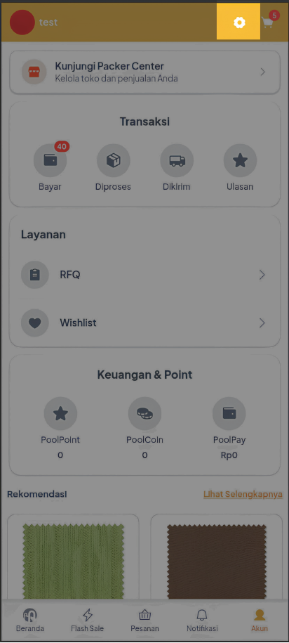 Halaman Akun aplikasi mobile Poolapack dengan sorotan pada ikon gerigi pengaturan di pojok kanan atas