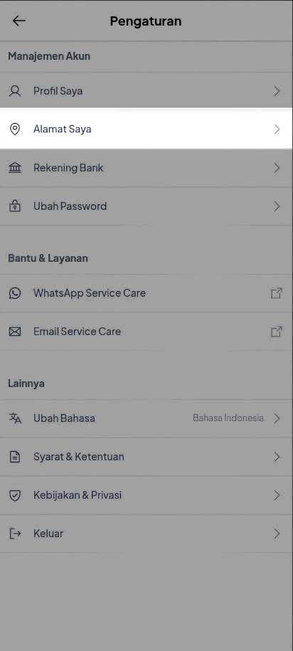 Halaman Pengaturan Akun di aplikasi mobile Poolapack dengan tombol menu Alamat Saya