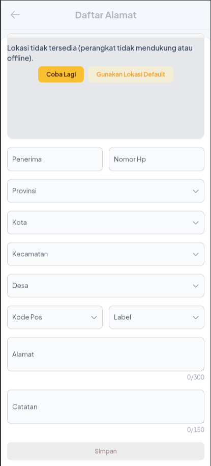 Formulir Tambah Alamat aplikasi mobile Poolapack dengan fitur Atur Lokasi Secara Otomatis dan kolom detail alamat
