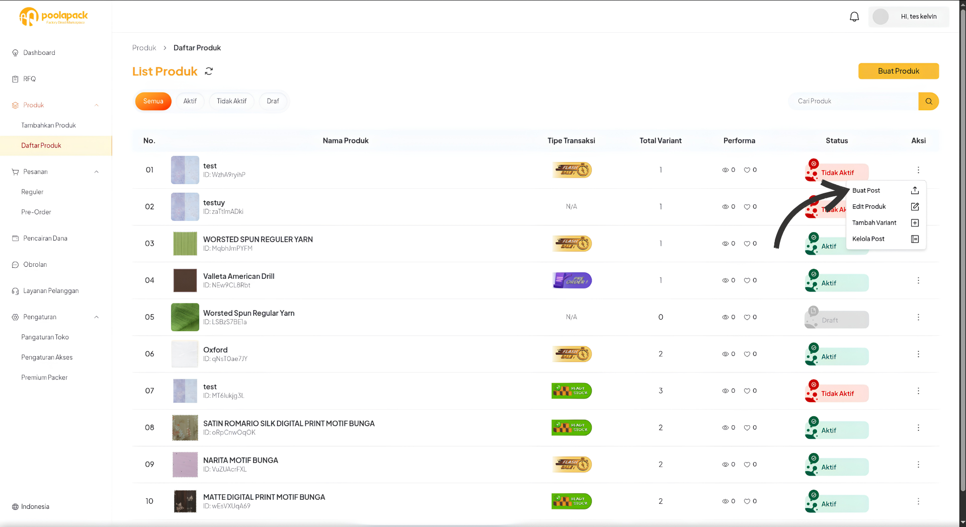 Menu aksi produk Desktop Web dengan pilihan Buat Post pada produk Tidak Aktif