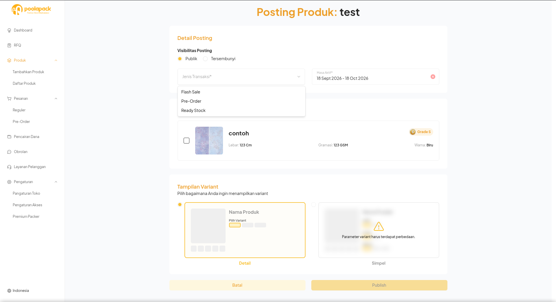Halaman Posting Produk Desktop Web dengan pengaturan visibilitas, jenis transaksi, masa aktif, dan varian