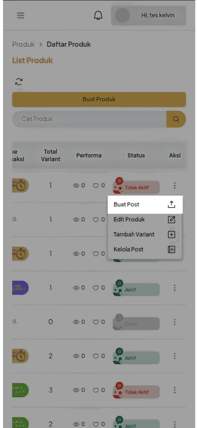 Menu aksi produk Mobile Web dengan pilihan Buat Post