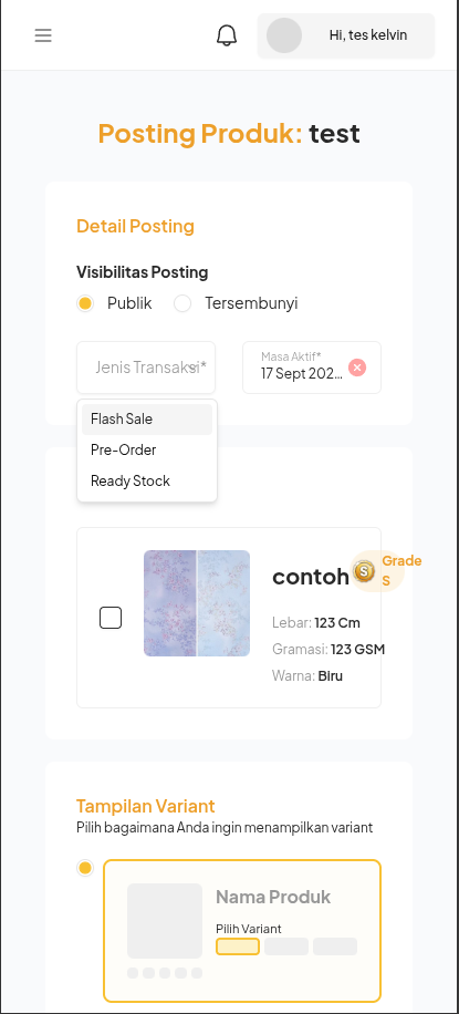Halaman Posting Produk Mobile Web dengan pengaturan visibilitas, jenis transaksi, masa aktif, dan varian