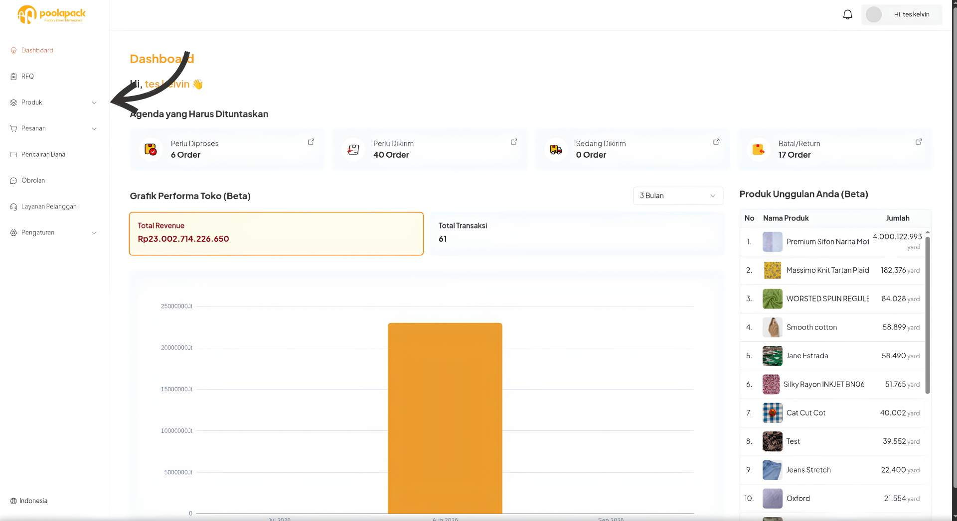 Langkah 2.1: Dashboard Packer Center Desktop Web dengan menu Produk