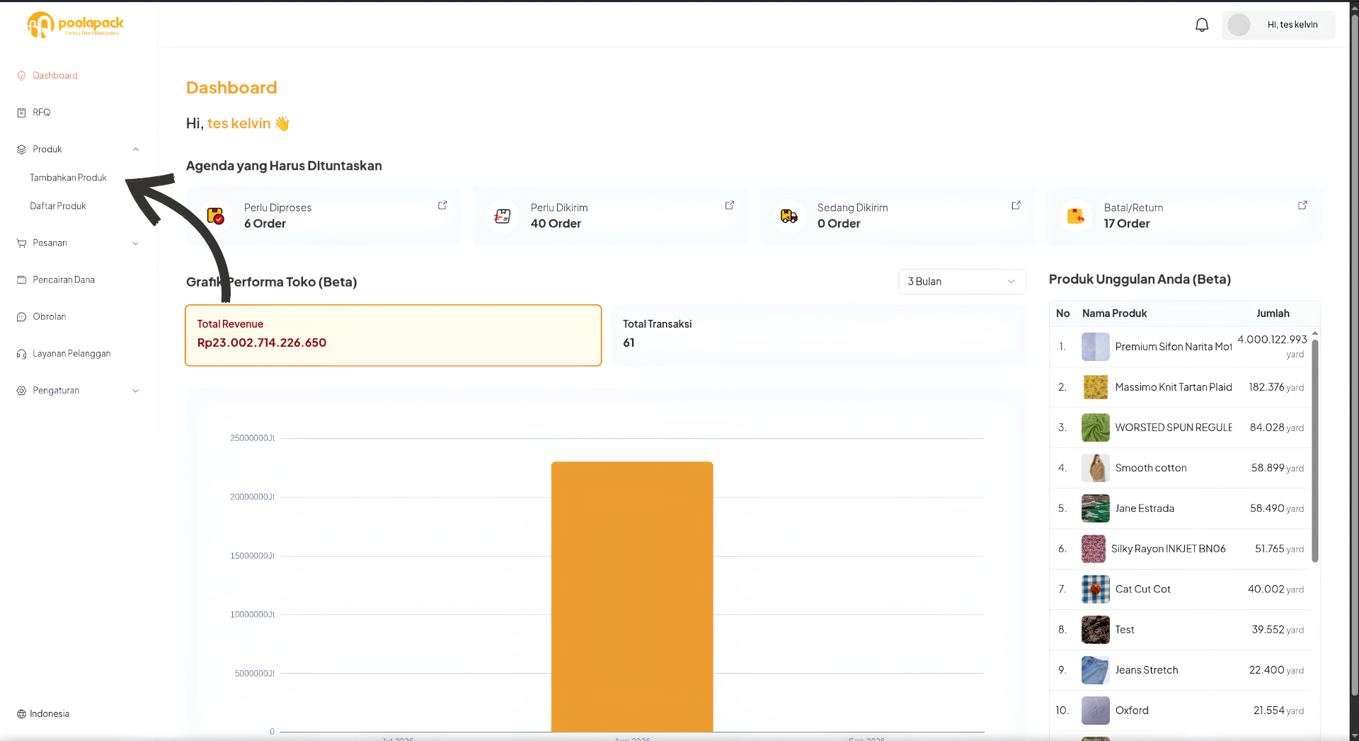 Langkah 2.2: Menu Produk terbuka dengan pilihan Tambahkan Produk pada Desktop Web