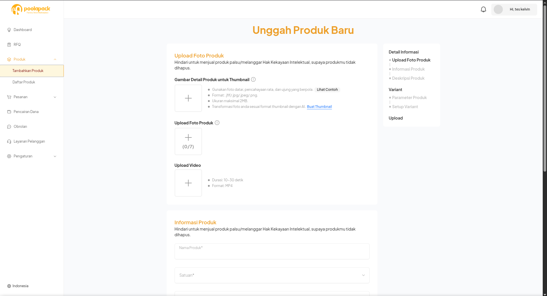 Form upload foto thumbnail, foto produk, dan video pada Desktop Web