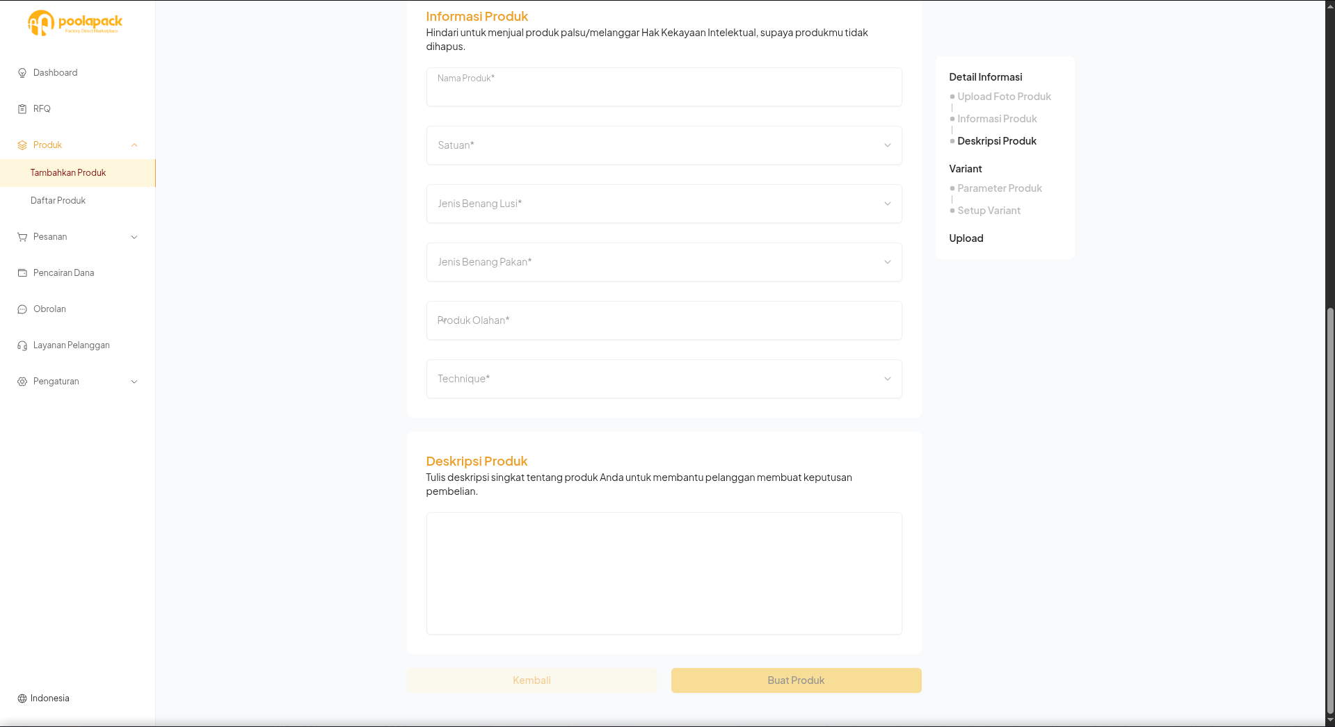 Form informasi dan deskripsi produk pada Desktop Web