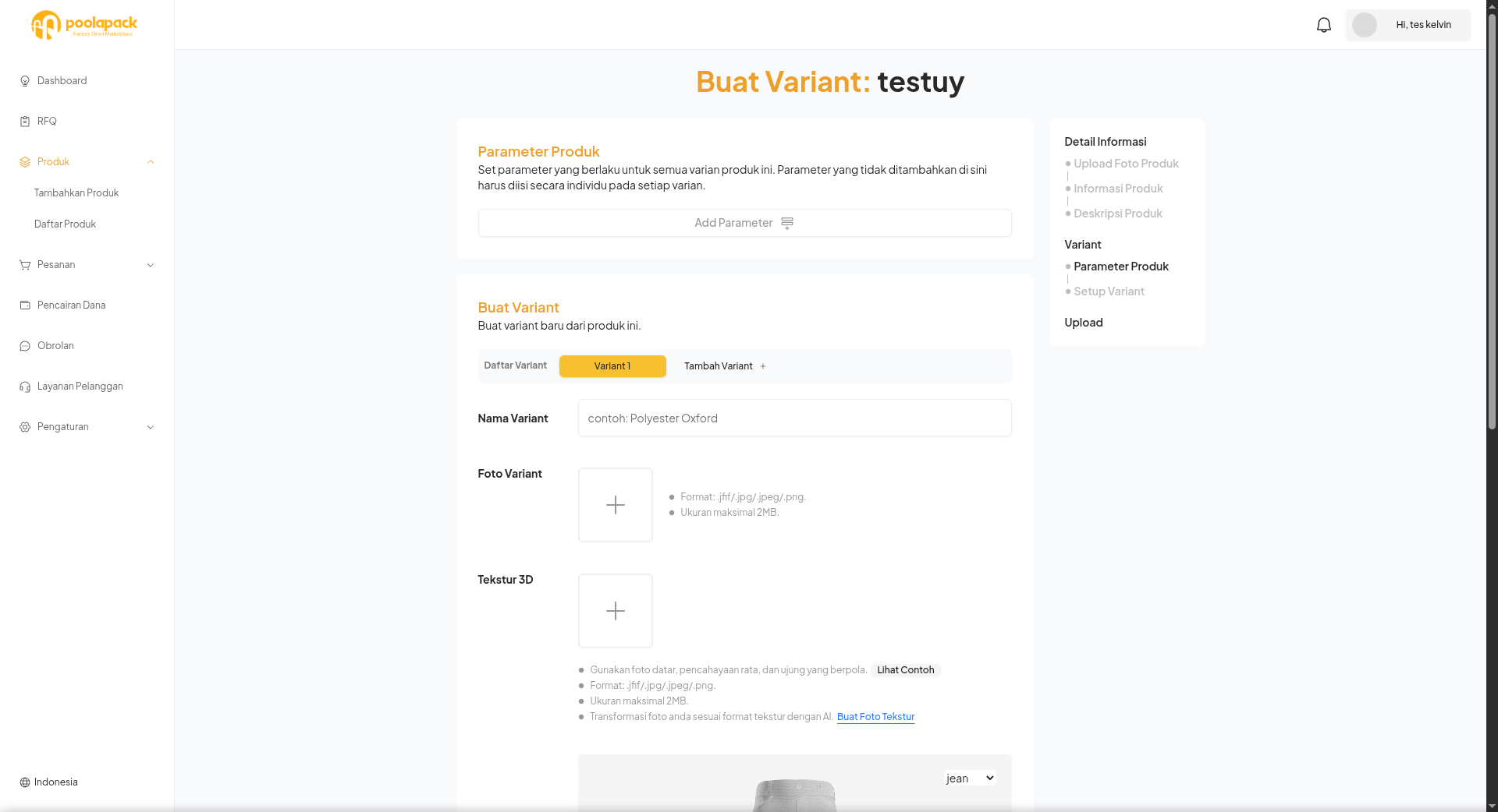 Halaman pembuatan variant produk pada Desktop Web