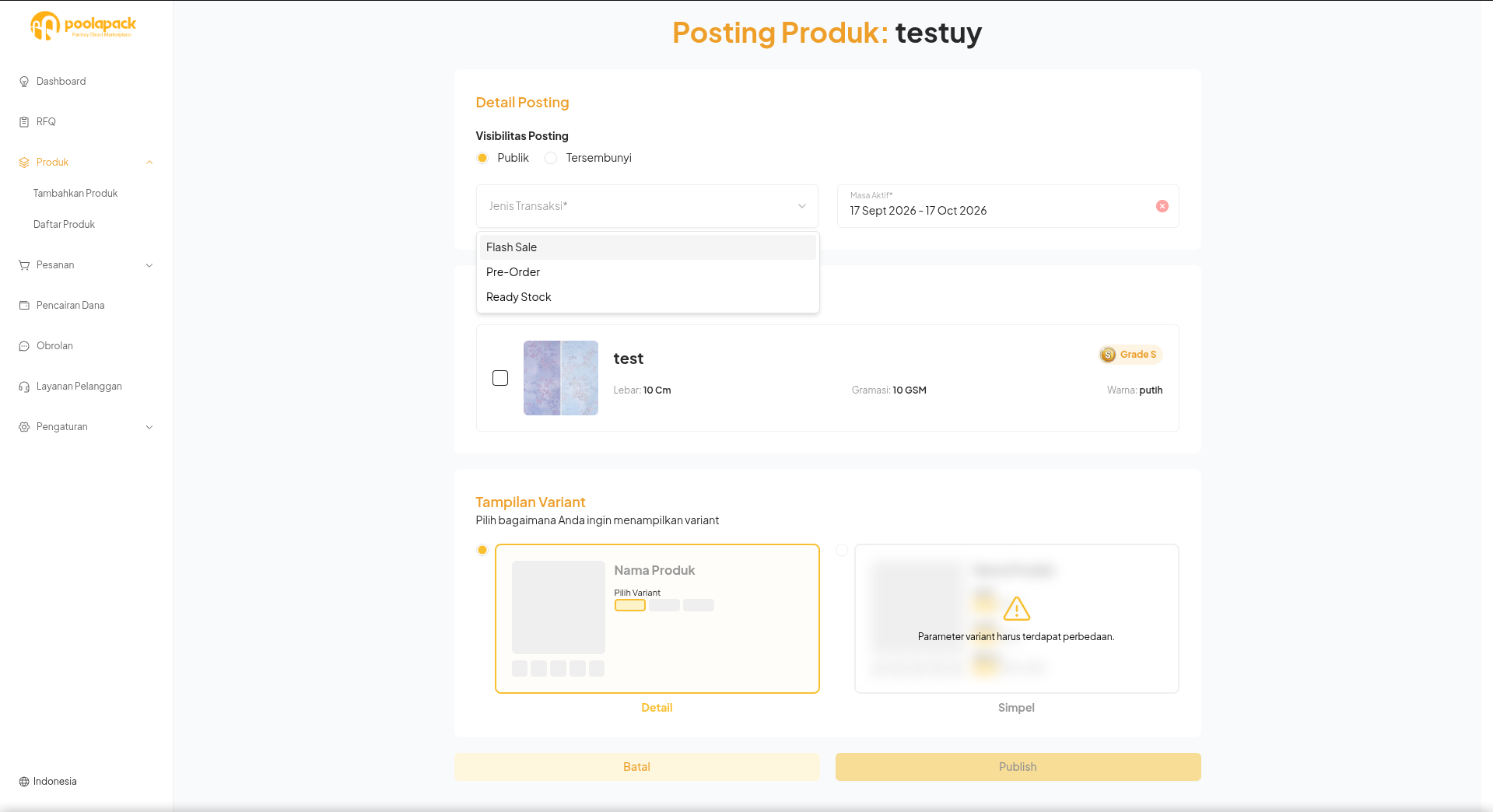 Halaman Posting Produk dengan pilihan jenis transaksi, varian, dan tombol Publish pada Desktop Web