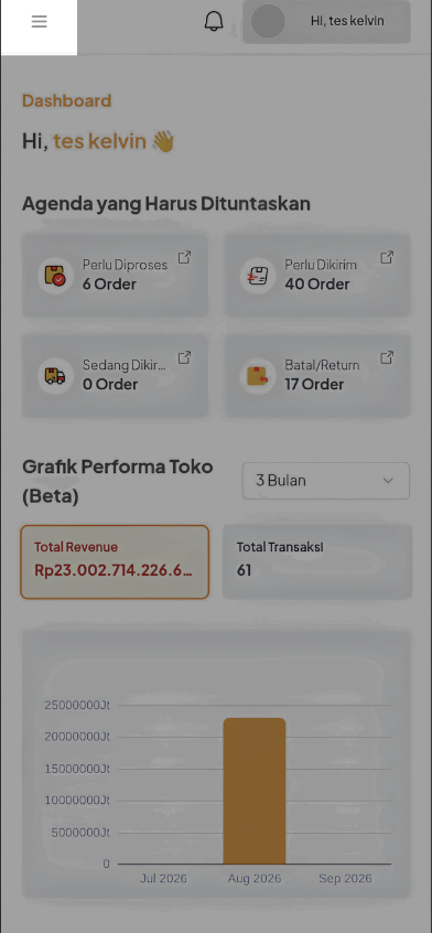 Langkah 2.1: Dashboard Packer Center dengan ikon menu di pojok kiri atas pada Mobile Web