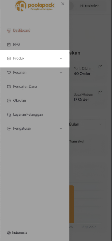 Langkah 2.2: Panel navigasi Packer Center dengan menu Produk pada Mobile Web