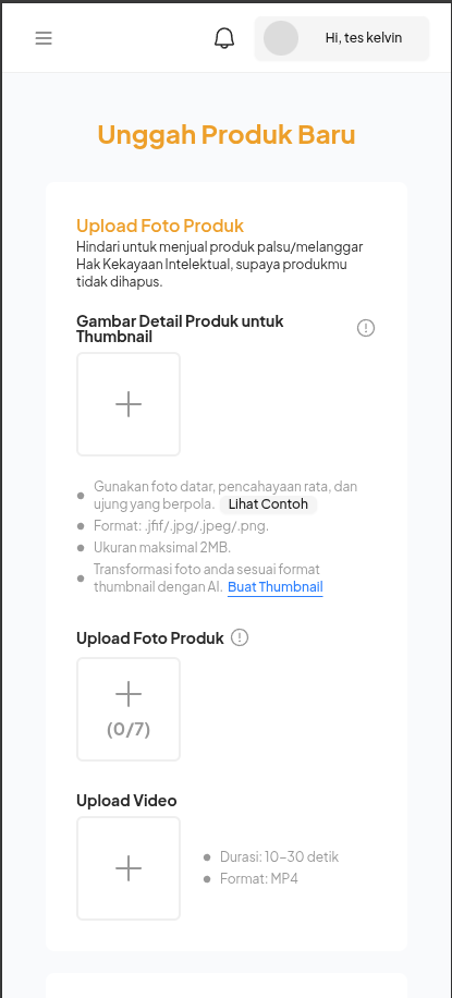 Form upload foto thumbnail, foto produk, dan video pada Mobile Web