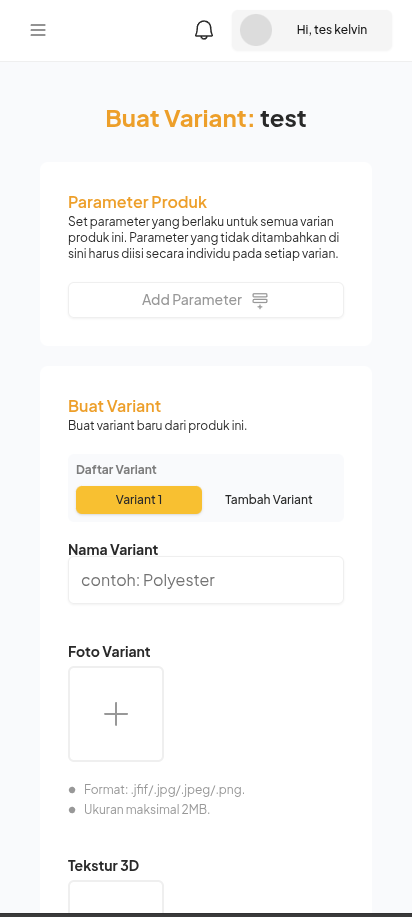 Halaman pembuatan variant produk pada Mobile Web