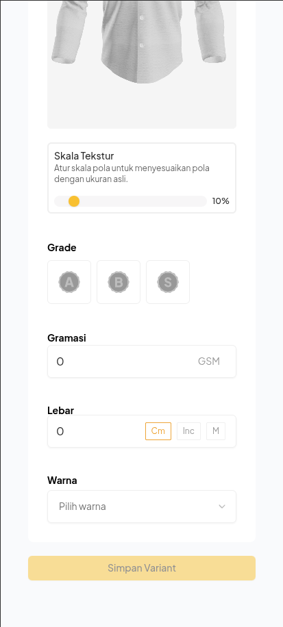 Detail variant dengan pilihan grade, gramasi, lebar, dan warna pada Mobile Web