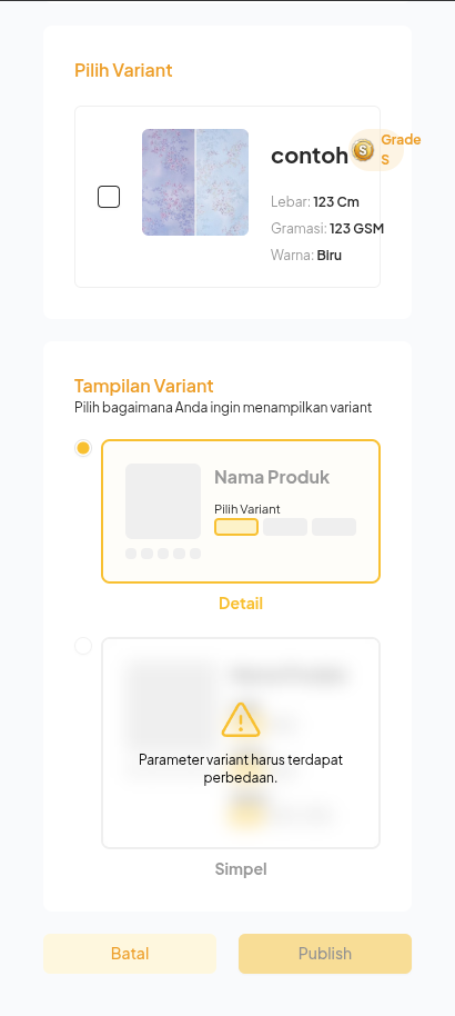 Pilihan varian dan tombol Publish pada Mobile Web
