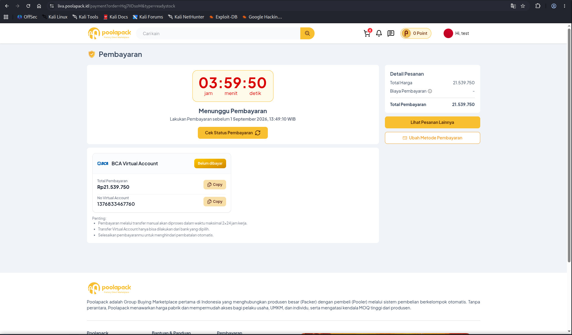 Halaman invoice pembayaran di website desktop Poolapack