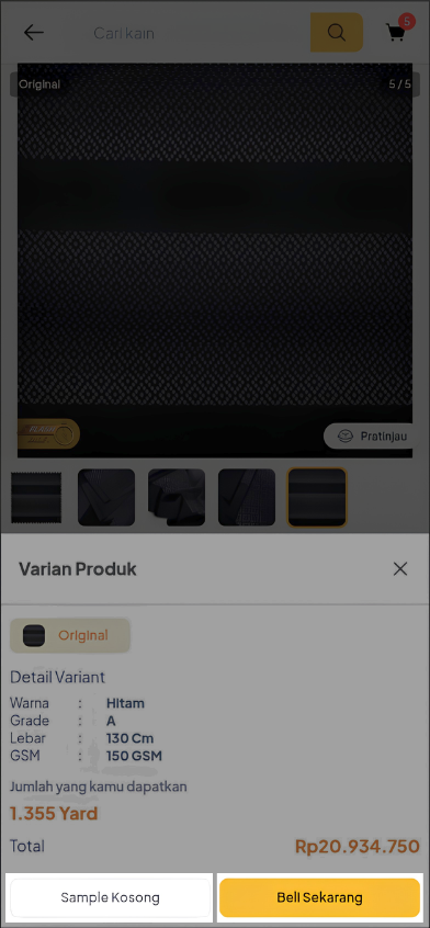 Pemilihan varian produk dan tombol Beli Sekarang di aplikasi mobile Poolapack