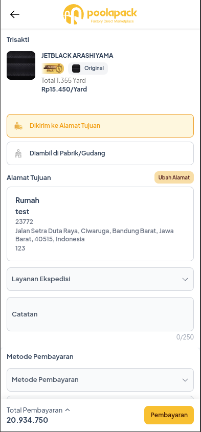 Rincian pemesanan dan metode pembayaran mobile