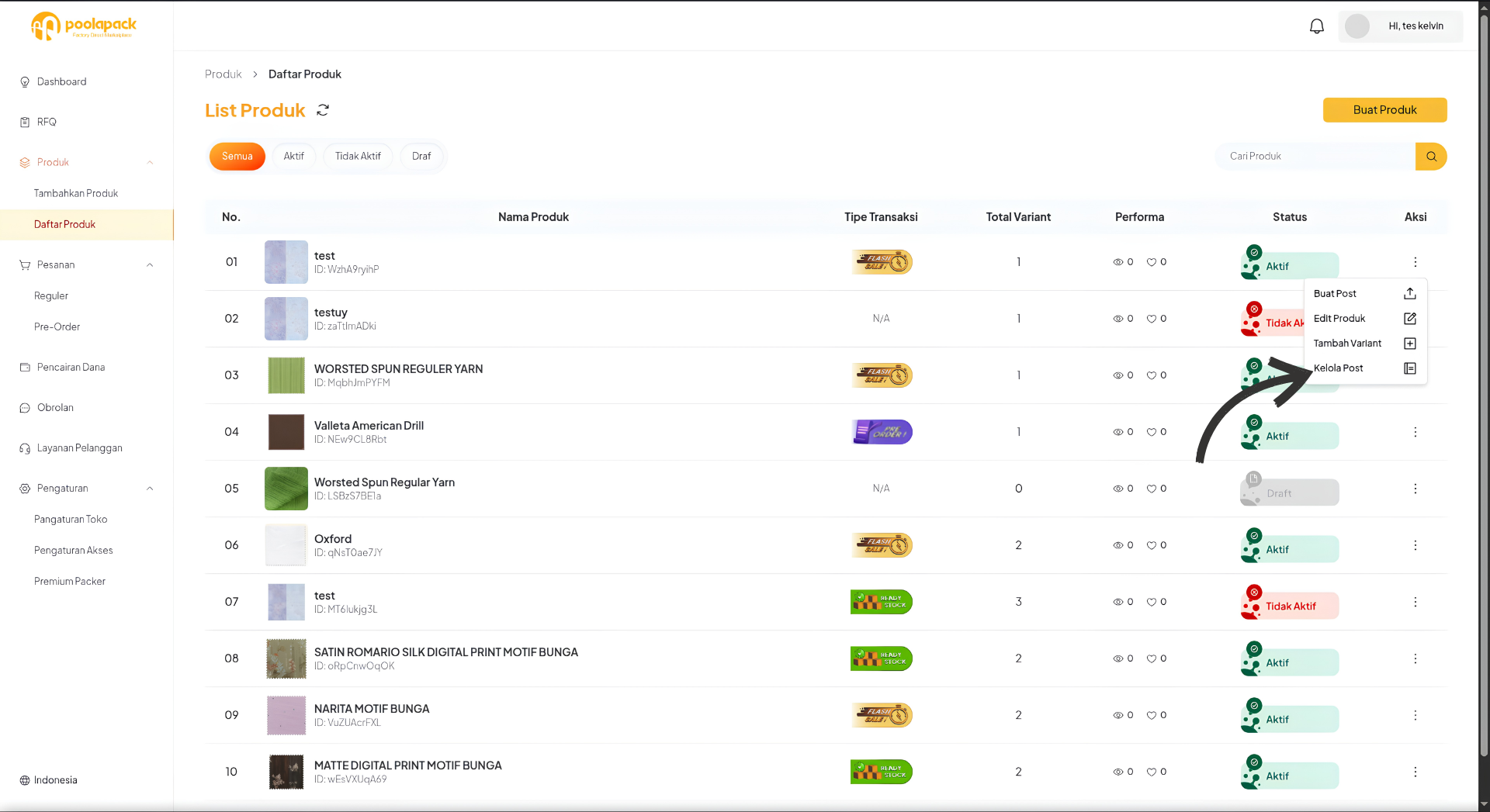 Menu aksi produk Desktop Web dengan pilihan Kelola Post