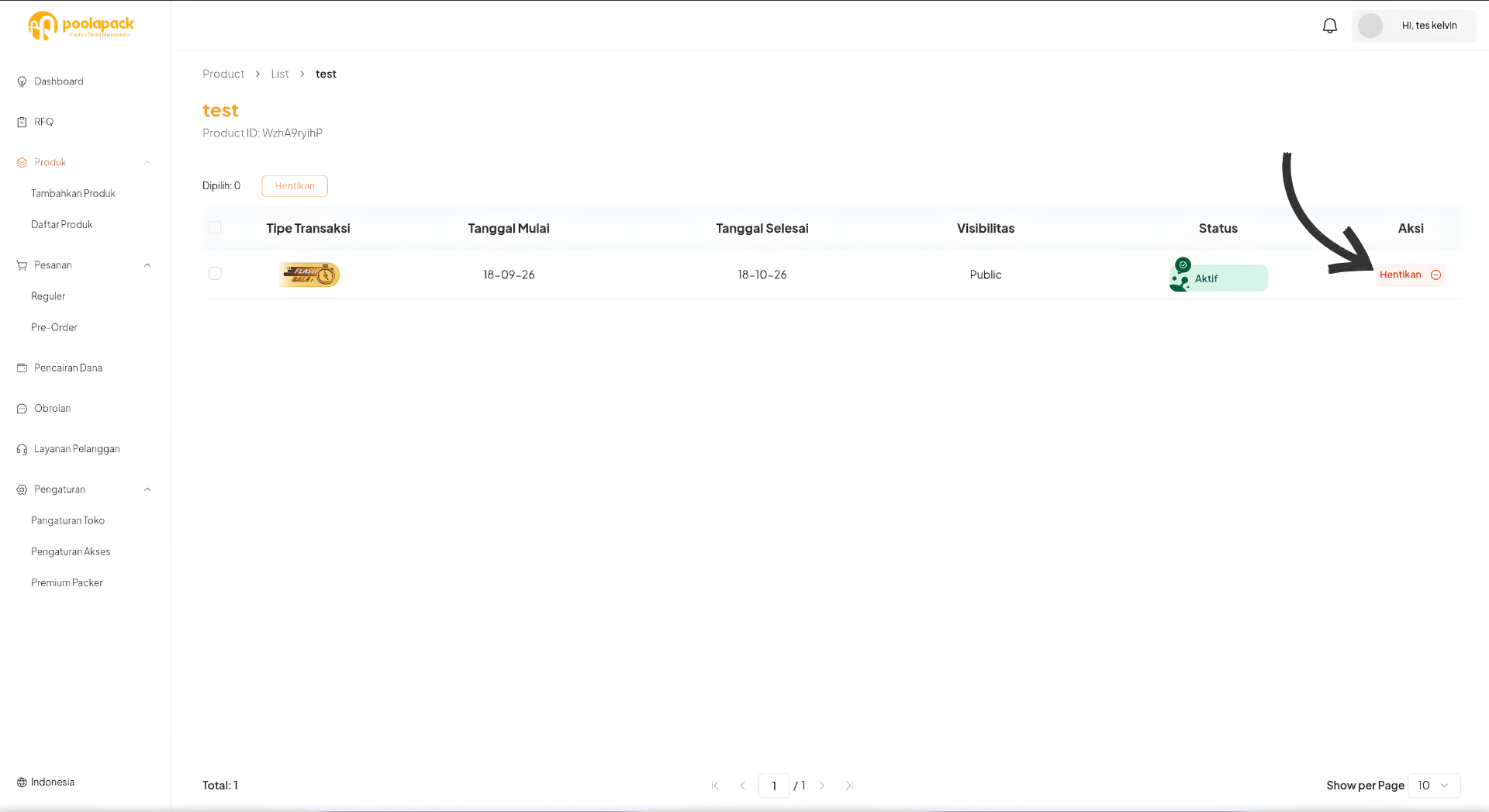 Halaman kelola post Desktop Web dengan tombol Hentikan pada kolom Aksi
