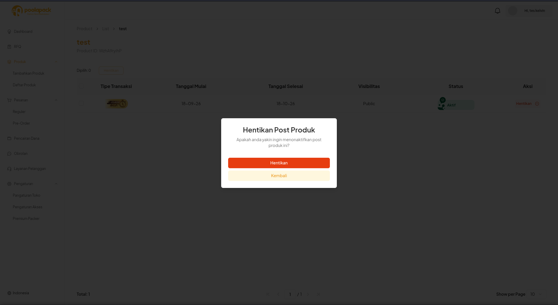 Dialog konfirmasi Hentikan Post Produk pada Desktop Web