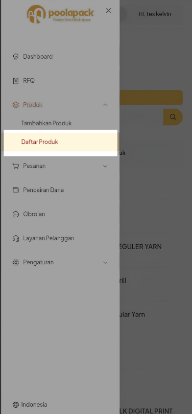 Menu Packer Center Mobile Web dengan pilihan Produk dan Daftar Produk