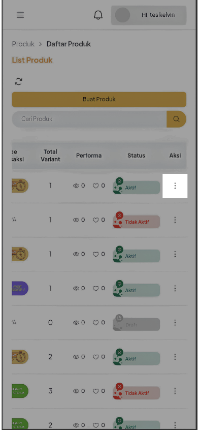 Daftar produk Mobile Web dengan kolom Aksi dan ikon tiga titik