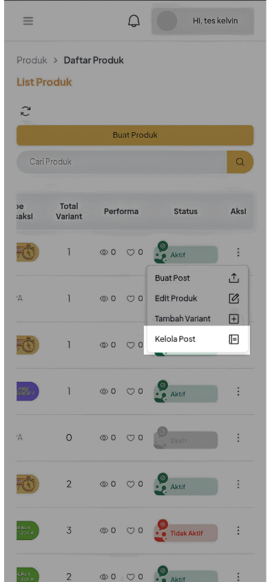 Menu aksi produk Mobile Web dengan pilihan Kelola Post
