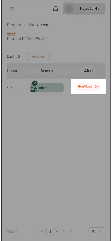 Daftar post produk Mobile Web dengan tombol Hentikan pada kolom Aksi