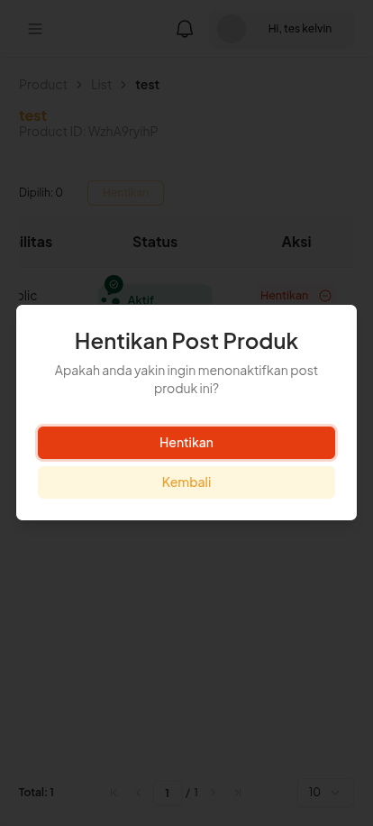 Modal konfirmasi Hentikan Post Produk pada Mobile Web