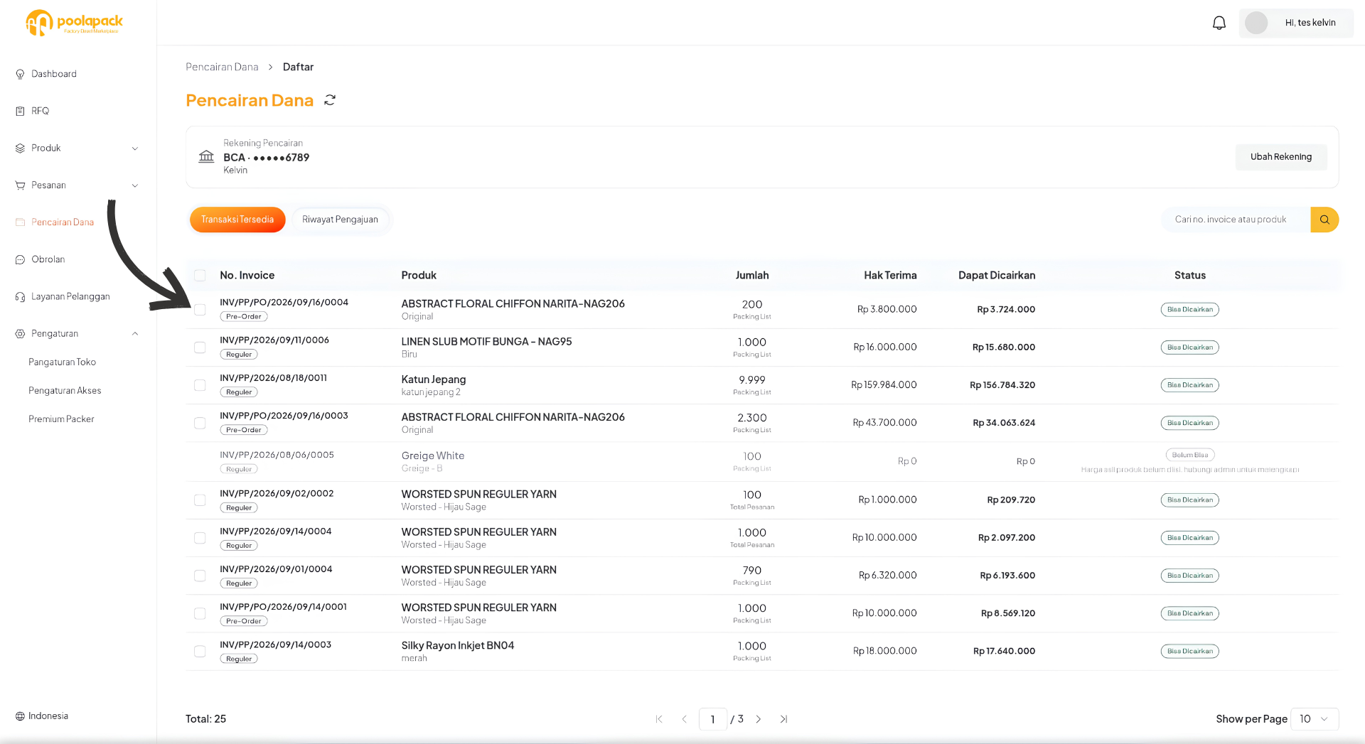 Halaman Pencairan Dana Desktop Web dengan daftar transaksi tersedia
