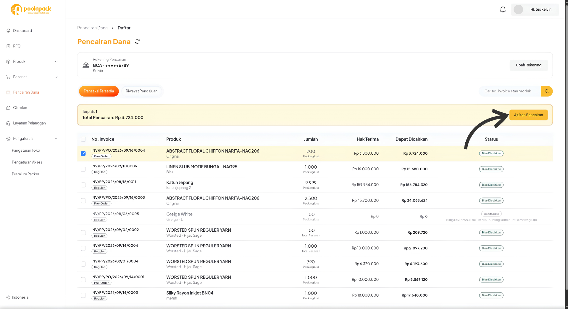 Transaksi terpilih dan tombol Ajukan Pencairan pada Desktop Web
