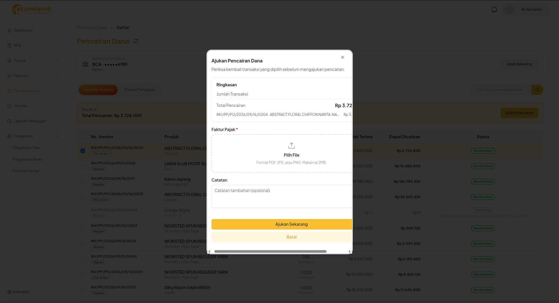 Modal Ajukan Pencairan Dana pada Desktop Web dengan upload faktur pajak dan catatan