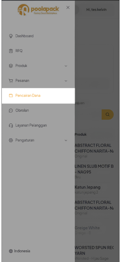 Menu Packer Center Mobile Web dengan pilihan Pencairan Dana