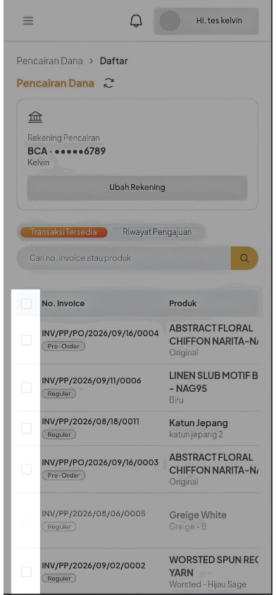 Daftar Transaksi Tersedia pada halaman Pencairan Dana Mobile Web