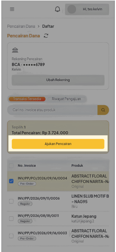 Ringkasan transaksi terpilih dan tombol Ajukan Pencairan pada Mobile Web