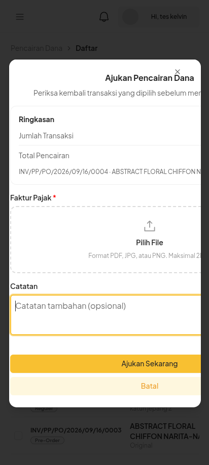 Modal Ajukan Pencairan Dana pada Mobile Web dengan upload faktur pajak dan catatan