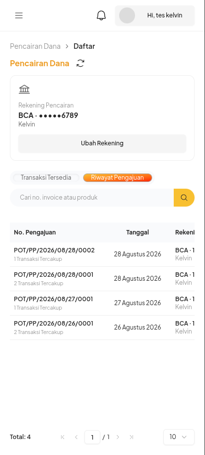 Tab Riwayat Pengajuan pada halaman Pencairan Dana Mobile Web
