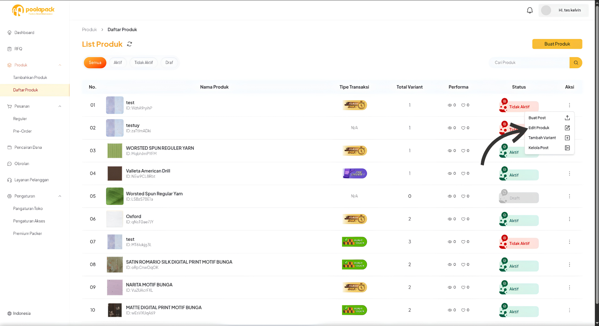 Daftar produk Desktop Web dengan menu aksi dan pilihan Edit Produk