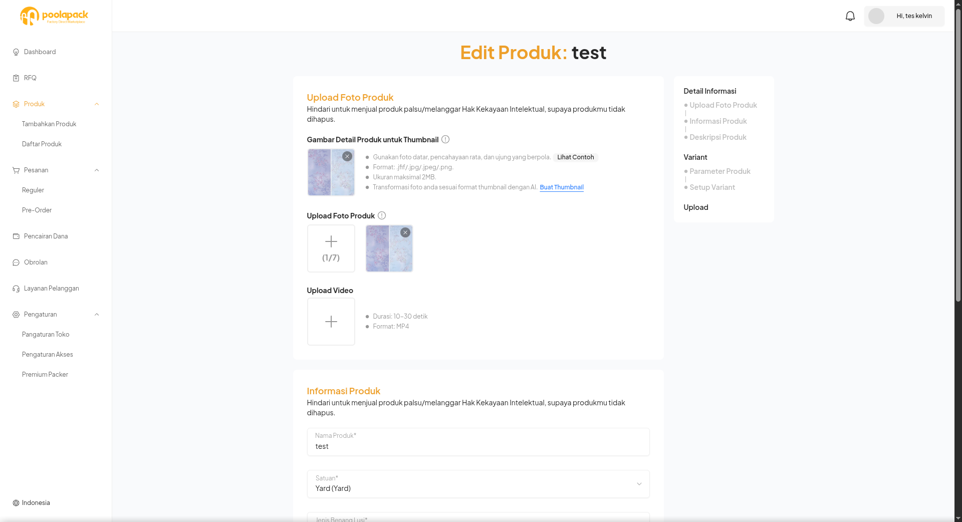 Halaman Edit Produk Desktop Web dengan bagian upload foto dan informasi produk
