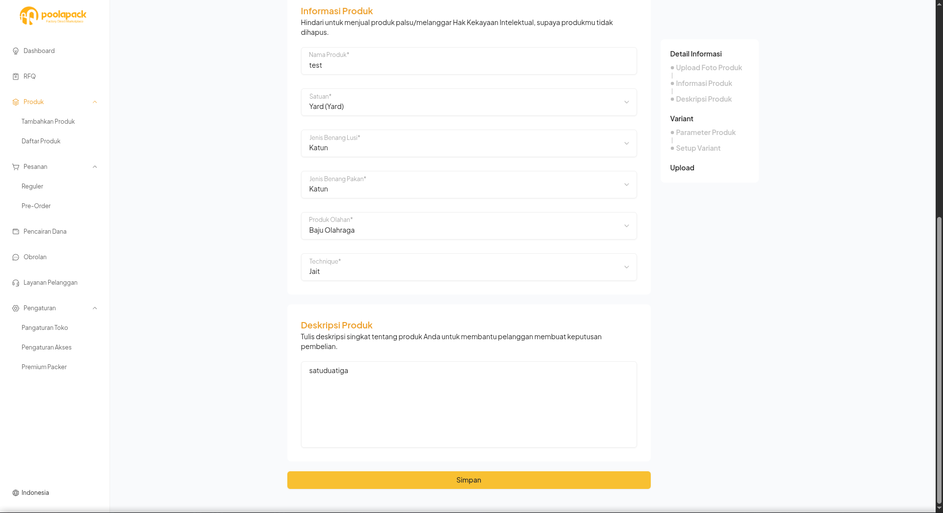 Bagian informasi, deskripsi produk, dan tombol Simpan pada Desktop Web