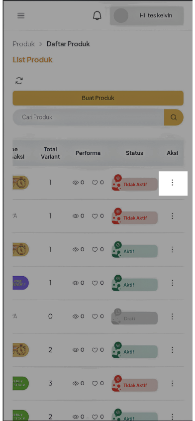 Daftar produk Mobile Web dengan kolom Aksi dan ikon tiga titik