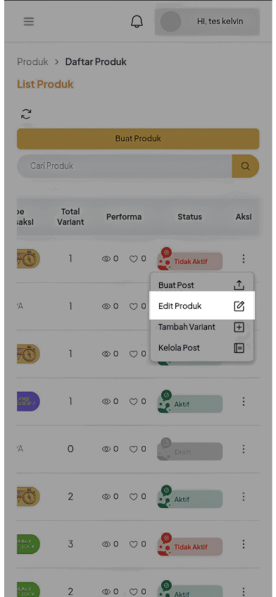 Menu aksi produk Mobile Web dengan pilihan Edit Produk