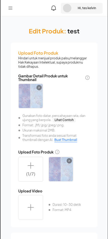 Halaman Edit Produk Mobile Web dengan bagian thumbnail, foto produk, dan video