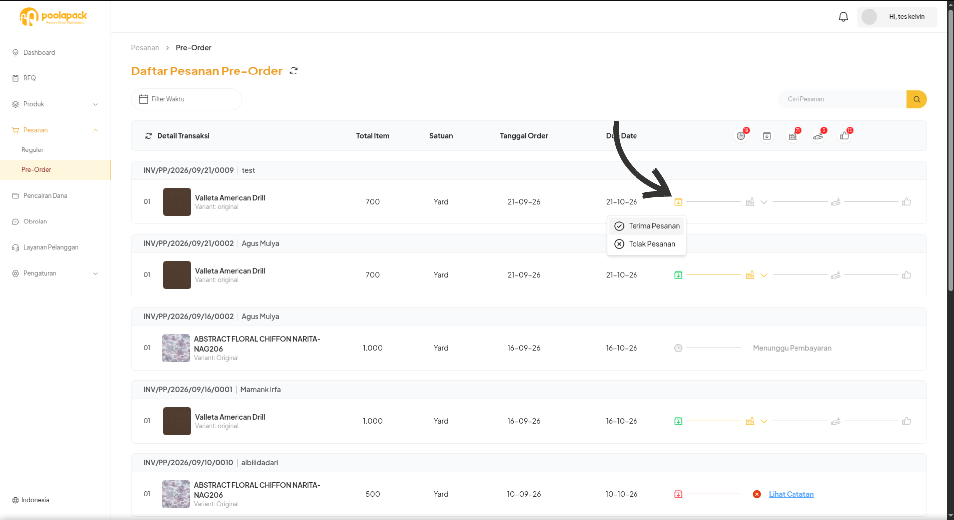 Menu tindakan Terima Pesanan dan Tolak Pesanan pada daftar Pre-Order Desktop Web
