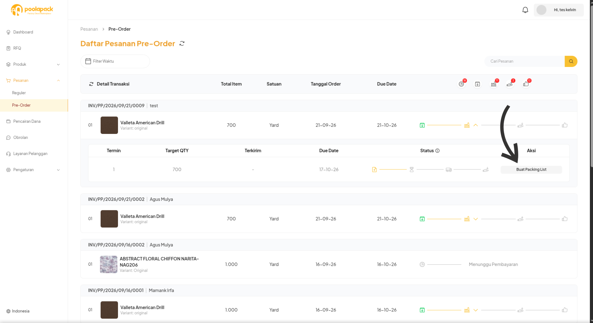 Tombol Buat Packing List pada detail pesanan Pre-Order Desktop Web