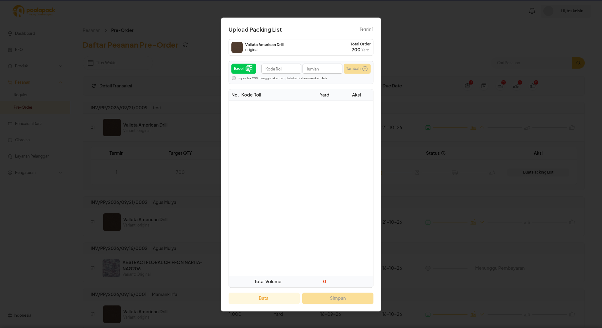 Popup Upload Packing List Pre-Order pada Desktop Web